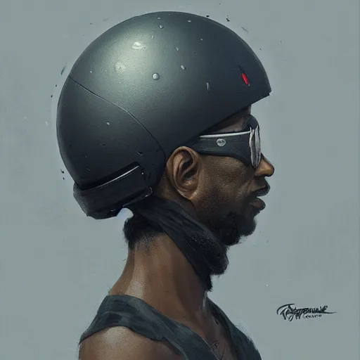 Prompt: side portrait of a goofy looking black guy with a melon helmet that covers only the top of his head by greg rutkowski