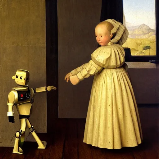 Prompt: an old painting of a robot from 1 8 5 0 raising a young little human child by jan van eyck, holding hands, ancient environment, aesthetic, 8 k, realistic painting, 4 k, trending on artstation, very detailed, photorealistic lighting