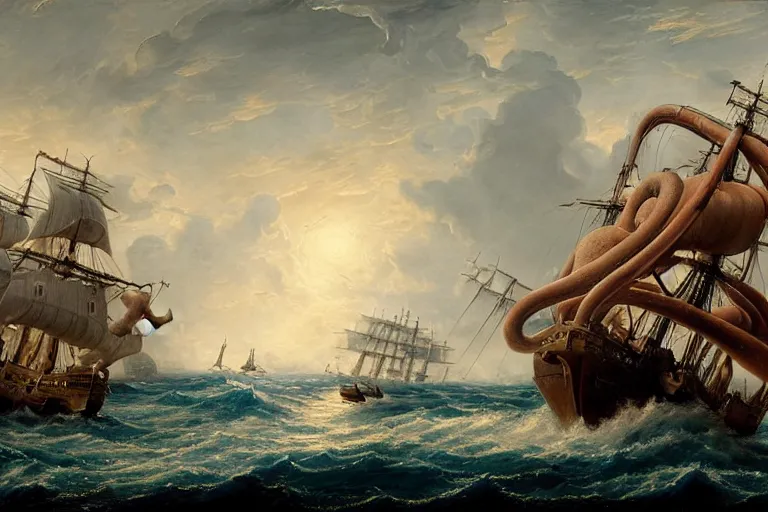 Image similar to Epic battle between a ship and a giant squid as a painting by Louis Philippe Crepin. 8k octane beautifully detailed render, post-processing, extremely hyper-detailed, intricate, epic composition, highly detailed attributes, highly detailed atmosphere, cinematic lighting, masterpiece.