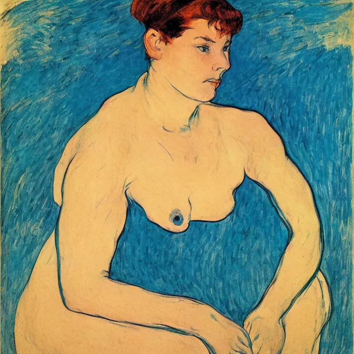 Image similar to portrait of a island woman. indigo blue, turquoise. henri de toulouse - lautrec, ferdand hodler, egon schiele, gauguin, kathe kollwitz