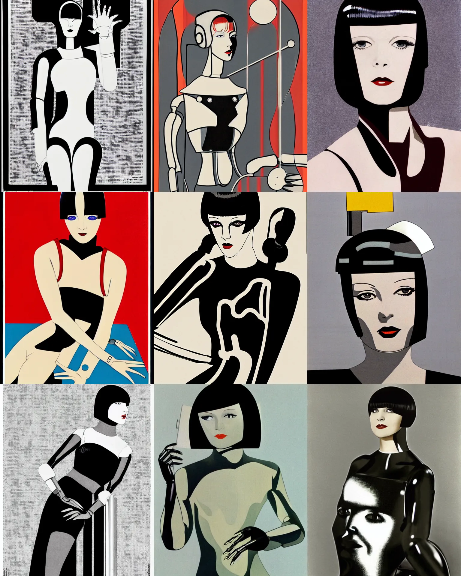 Prompt: mary louise brooks turning into a robot, half robot, 1 9 8 s, chrome outfit, airbrush, robot arms, black shiny bob haircut, by patrick nagel, art deco style