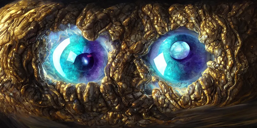 Prompt: A beautiful detailed painting of a crystal dragon eye with shiny scales, geode, quartz, amethyst. John Howe, Andreas Rocha, dynamic lighting, dramatic lighting, cinematic lighting, sharp, reflective, unreal engine, featured on artstation, physically based rendering, polarizer filter