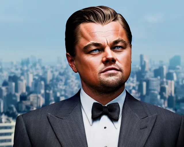 Image similar to leonardo dicaprio as the wolf of wall street, cinamtic, long shot, hyper detailed, realistic face, 8 5 mm photograph, 8 k resolution, film still, sharp lens, wide lens