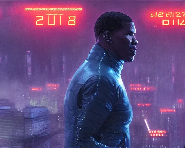 Prompt: 2 0 1 8 blade runner movie still jamie foxx look at the cityscape from roof perfect face fine realistic face pretty face reflective polymer suit tight neon puffy jacket blue futuristic sci - fi elegant by denis villeneuve tom anders zorn hans dragan bibin thoma greg rutkowski ismail inceoglu illustrated sand storm alphonse mucha