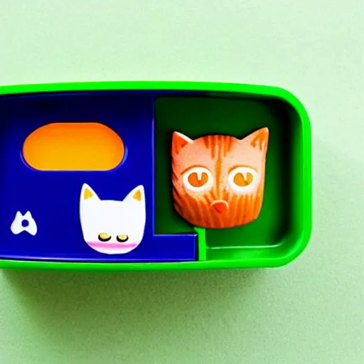 Image similar to a bento box in the shape of a cat. bright colored rush and rice make a picture of a cat in a nice little box.