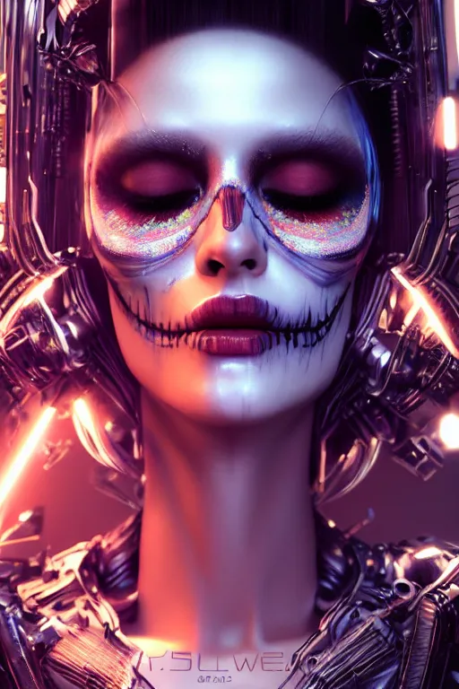 Prompt: beautiful android woman, crying eyes closed!, sharp, photorealistic cinematic, 3 d model, cyborg, postcyberpunk, blade runner, octane render, concept art, vogue, 8 k, intricate detailed environment el dia los muertos. terry oneill, artgerm, michael welan, giger