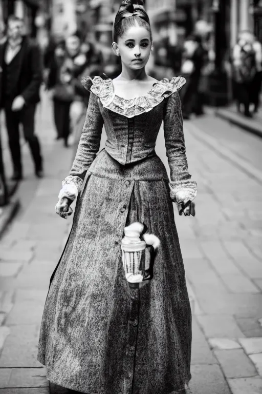 Prompt: Ariana Grande Victorian Era clothing, symmetrical face, beautiful symmetrical eyes, walking through the streets of London, XF IQ4, f/1.4, ISO 200, 1/160s, 8K, black and white