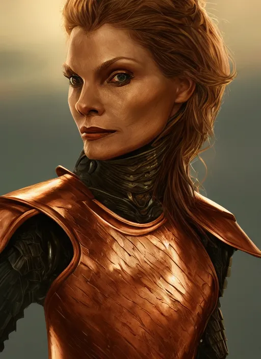 Prompt: elegant female knight in copper colored plate armor who looks like michelle pfeiffer, moonlight in the background, trending on artstation, soft lighting, HD, sharp focus, intricate, masterpiece, concept art, character design