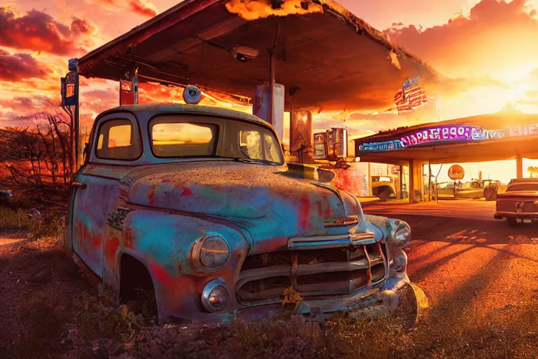 Image similar to a sunset light landscape with historical route 6 6, lots of sparkling details and sun ray ’ s, blinding backlight, smoke, volumetric lighting, colorful, octane, 3 5 mm, abandoned gas station, old rusty pickup - truck, beautiful epic colored reflections, very colorful heavenly, softlight