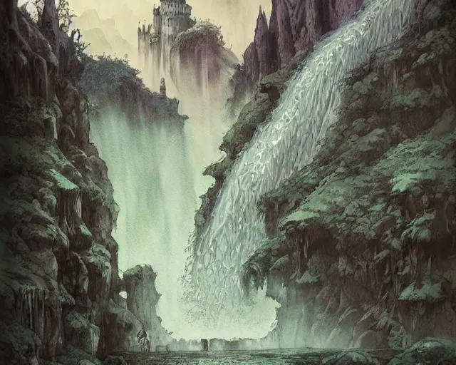 Image similar to Ink and watercolor masterpiece depicting Idyllic fantasy landscape, waterfalls, castle, willows, mystical, magical, Edmund Dulac and Andreas Rocha, Hyperdetailed, stylized, Artstation