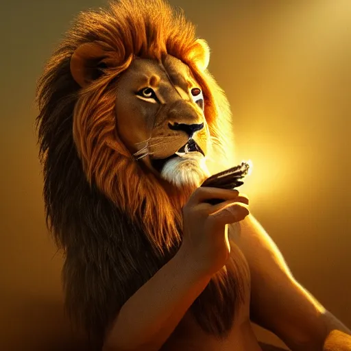 Image similar to a lion smoking a cigar, dramatic lighting, cinematic, establishing shot, extremely high detail, foto realistic, cinematic lighting, post processed, concept art, high details, cinematic, 8k resolution, beautiful detailed, photorealistic, digital painting, artstation, concept art, smooth, sharp focus, artstation trending, octane render, unreal engine