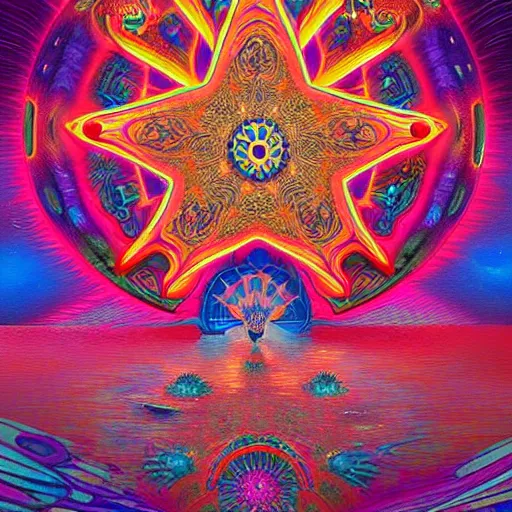 Image similar to An extremely psychedelic abstract illustration of an 3d nautical star, colorful, surreal, dramatic lighting, magic mushrooms, psilocybin, LSD, detailed, intricate, elegant, highly detailed, digital painting, artstation, concept art, smooth, sharp focus, illustration, art by Krenz Cushart and Artem Demura and alphonse mucha, unreal engine 5 render, 8k