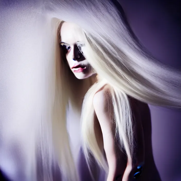Image similar to a young woman with long blond hair dressed in white, fine art photography light painting in style of Paolo Roversi, professional studio lighting, dark blur background, hyper realistic photography, fashion magazine style