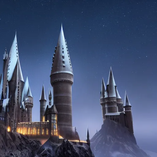 Image similar to hogwarts towers, night sky, mid shot, ultra detailed, hyperrealistic, octane render, unreal engine, snow, mist and fog, depth of field, intricate details, ornate