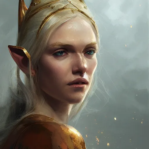 Prompt: A detailed oil portrait of a blonde elf woman with small horns of copper and copper scales covering her arm and neck wearing a simple white robe, by greg rutkowski, trending on artstation, dungeon and dragons art