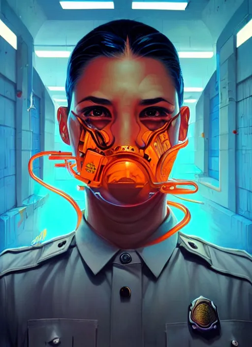 Image similar to burning police officer in sci fi prison, tristan eaton, victo ngai, artgerm, rhads, ross draws