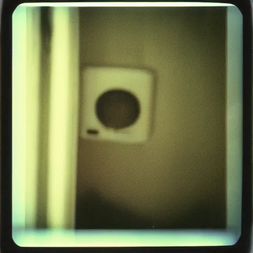 Image similar to dark room with a face peeking through a window, old polaroid, expired film, eerie,