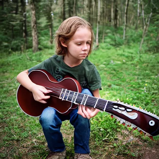 Image similar to a photo of a boy with long hair playing mandolin in the wilderness