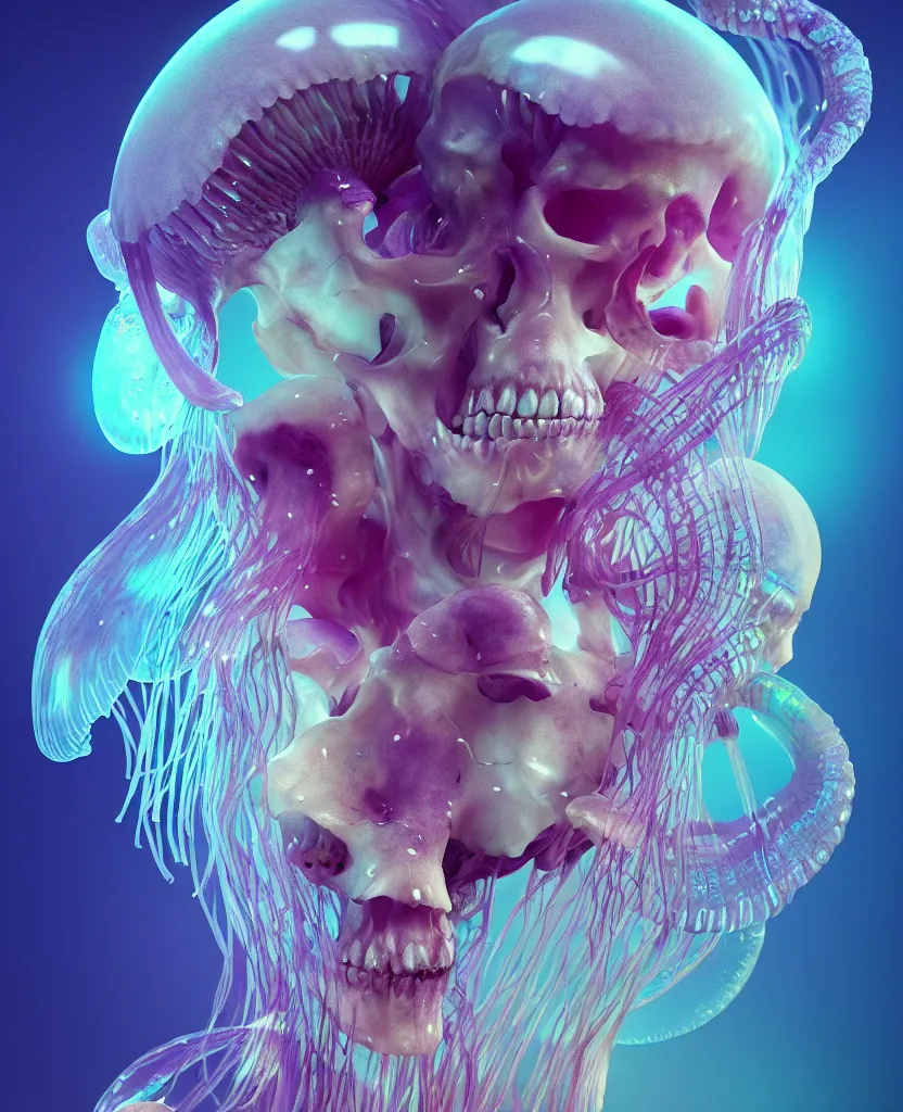 Image similar to goddess close - up portrait human skeleton, ram skull, jellyfish, orchid, betta fish, bioluminiscent, intricate artwork by tooth wu and wlop and beeple. octane render, trending on artstation, greg rutkowski very coherent symmetrical artwork. cinematic, hyper realism, high detail, octane render, 8 k