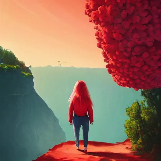 Image similar to giant cherry flower as a head, girl walking in a canyon, surreal photography, sunrise, dramatic light, impressionist painting, colorful clouds, digital painting, artstation, simon stalenhag