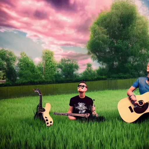 Prompt: blink 1 8 2 performing in a back yard, mid afternoon, 3 d models, concept art, unreal engine, octane render, realistic lighting, dynamic shadows, vibrant colors, cloudy sky, a horse is eating grass in front of the stage, artstation, highly detailed, 4 k