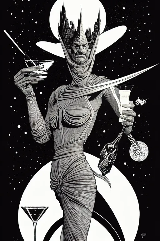 Image similar to side view of a majestic wizard holding a martini, high details, bold line art, by vincent di fate and joe fenton, inking, etching, screen print, masterpiece, trending on artstation, sharp, high contrast, hyper - detailed,, hd, 4 k, 8 k