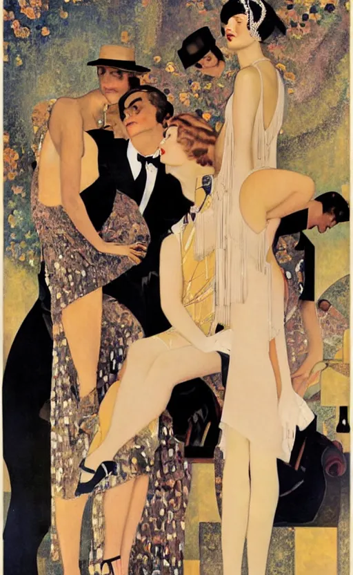 Prompt: an oil painting of jazz age high society life, 1920s style, dressed in 1920s fashion, smooth, highly detailed, high contrast, by Klimt, Coles Phillips, Dean Cornwell, JC Leyendecker, 8K