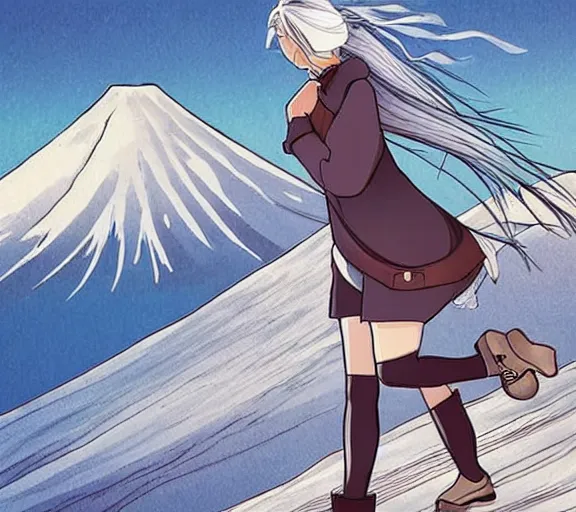 Image similar to beautiful silver hair young woman walking up Mount Fuji in the style of studio ghibli and manga