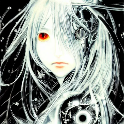 Image similar to Yoshitaka Amano blurred and dreamy illustration of an anime girl with pirate eye patch, wavy white hair and cracks on her face wearing Elden ring armour with the cape fluttering in the wind, abstract black and white patterns on the background, noisy film grain effect, highly detailed, Renaissance oil painting, weird portrait angle