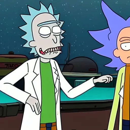 Prompt: Rick and Morty visiting Futurama