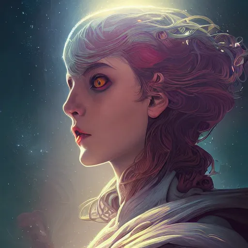 Prompt: Portrait of a pigeon in space, dark fantasy, intricate, elegant, highly detailed, digital painting, artstation, concept art, smooth, sharp focus, illustration, art by Sam Youn and Fernanda Suarez and Artem Demura and alphonse mucha