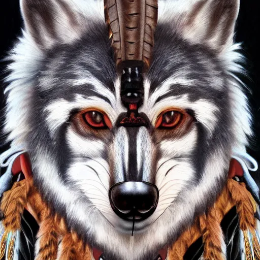 Prompt: painting portrait of a native american wearing a wolf face mask, artstation, ultra detailed