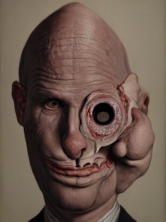 Prompt: Painted portrait of an man without face, nose and mouth. Man with one enormous eye in the center of the forehead. High detail, hyperrealism, fantasy art, concept art, creepy, 8k