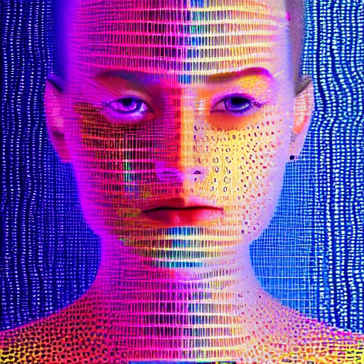 Image similar to portrait of a woman inspired by data - driven art, generative, iridescent, self - confidence, electrons, coding, holographic, lightening