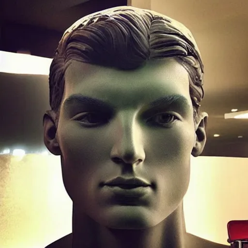 Image similar to “a realistic detailed photo of a guy who is an attractive humanoid who is half robot and half humanoid, who is a male android, Max Verstappen, shiny skin, posing like a statue, blank stare”