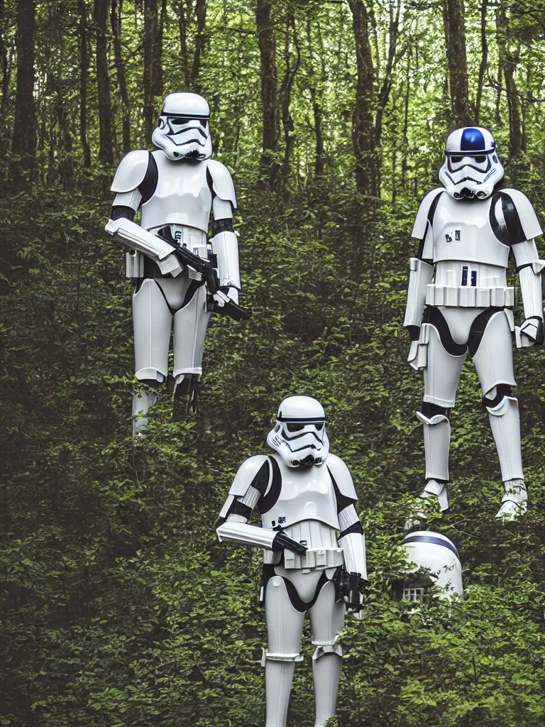 Image similar to “still of a stormtrooper with colors and markings of R2-D2, standing in the forest, golden hour, high quality, sigma 55mm, full body shot”