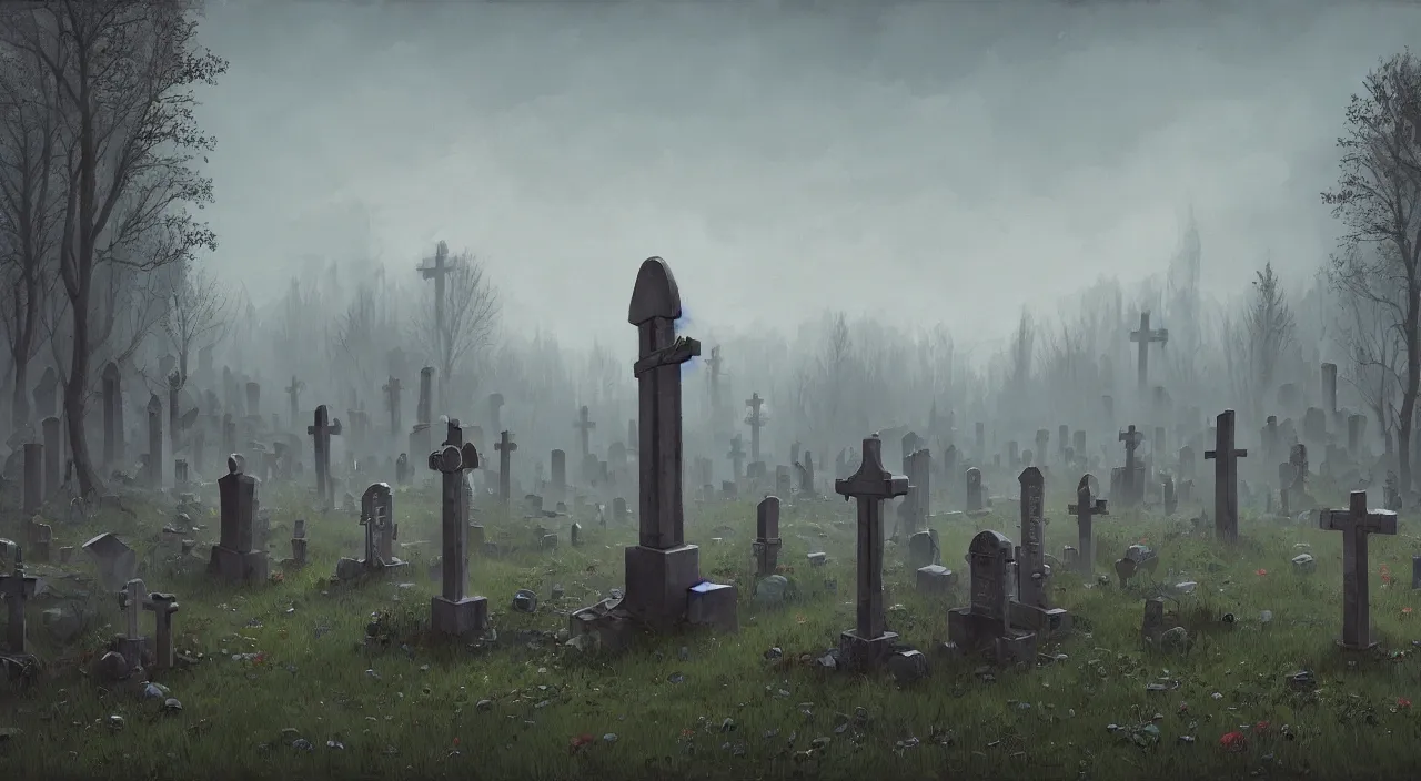 Prompt: simple! graveyard, masterpiece by dariusz zawadzki and simon stalenhag, full - size, graves in the background