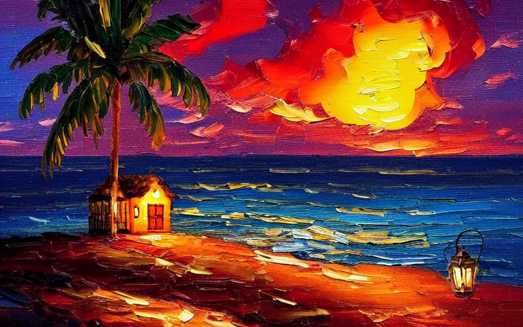 Image similar to a very very small island! cute cozy cottage!! and lanterns!!!, chairs, fireplace, palm trees, dark very late evening cloudy sunset, dramatic and dynamic lighting, thick brush strokes oil impasto painting