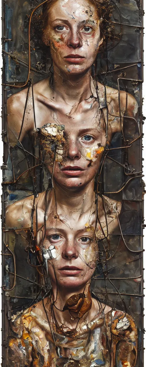 Prompt: a full length portrait of a very ordinary young woman with a distracted expression, Anselm Kiefer and Lucian Freud and Jenny Saville, oil painting, rust, Scaffolding, rusted metal and sunflowers, iron cladding, decay, mixed media, textured, anatomically correct, beautiful perfect face, visible brushstrokes, sharp focus, twisted wire, Highly Detailed, nails, photographic emulsion cracked and peeling, Cinematic Lighting, 8k, HD