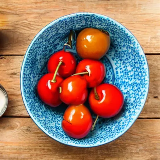 Prompt: photo a few Maraschino cherries in the bowl on the table,