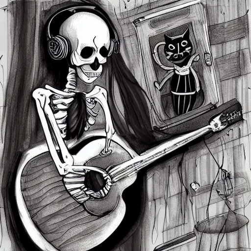 Image similar to skeleton wearing headphones watching girl playing guitar with her black cat standing next to her, digital art