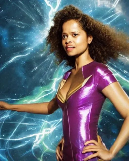 Image similar to beautiful actress gugu mbatha - raw as superhero sue storm in live action fantastic four movie, gugu is practicing creating a giant iridescent soap like bubble force field around her body