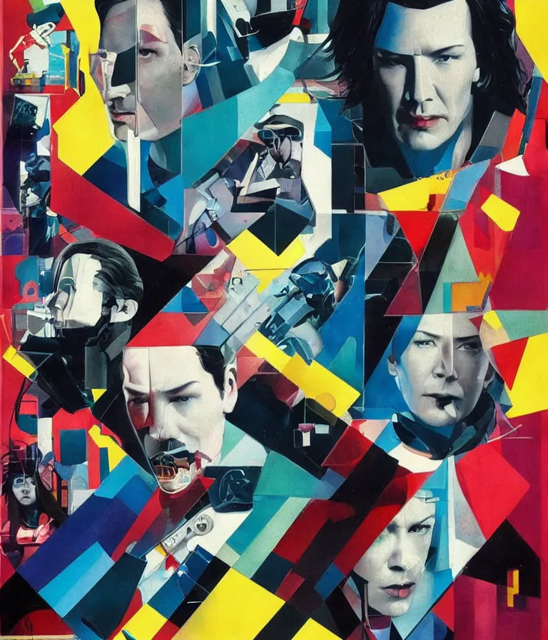 Prompt: Beautiful colorful constructivist Cyberpunk Movie Poster made for the film William Gibson's Cyborg Nights (2004) Starring Melissa McCarthy and Keanu Reeves, minimalist oil paint and ink collage by Man Ray and Marcel Duchamp , Vivid color trending on artstation Cinematic lighting collage!! 8k