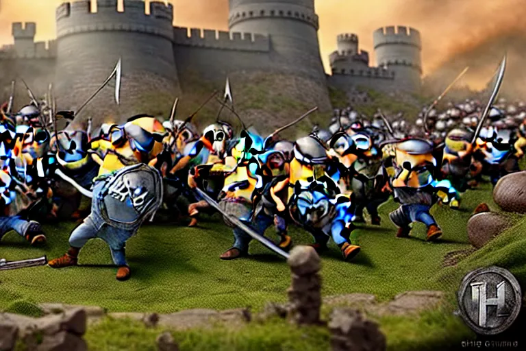 Image similar to diorama of minions fighting orcs in the battle of helm's deep, giant castle walls, realistic, 4 k, detailed