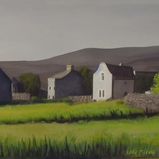 Image similar to painting of a small town in rural Ireland in the style of Aleksander Rostov