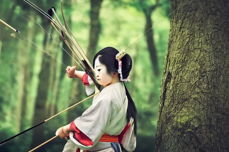 Image similar to beautiful photo of a young modern geisha archer, practising her aim in a forest, mid action, symmetrical face, beautiful eyes, huge oversized sword, award winning photo, muted pastels, action photography, 1 / 1 2 5 shutter speed, dramatic lighting, anime set style