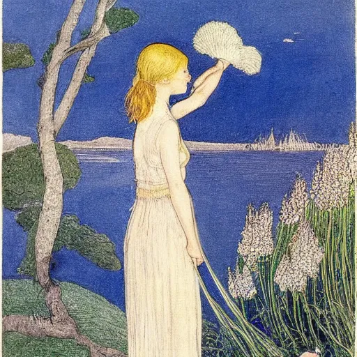 Prompt: art by ida rentoul outhwaite : ( subject = girl at the lake + subject detail = very long blond hair, pretty, front view )