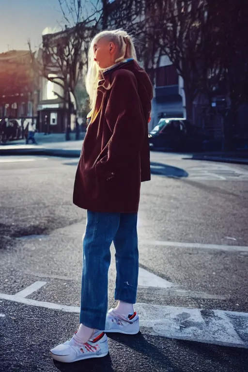 Image similar to high quality realistic street photo of girl, blond hair, clothes in the sport style of 1 9 9 0, sneakers, lowered socks, loose coat, perfect face against the sunset sky ; kodak ektar, 2 0 0 iso, 3 5 mm lens, bill henson style beautiful chiaroscuro lighting, beautiful colour palette, beautiful and realistic, wide shot