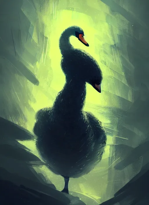 Prompt: portrait of a swan bird, black sky background, chaotic landscape, illustration concept art anime key visual trending pixiv fanbox by wlop and greg rutkowski and makoto shinkai and studio ghibli and kyoto animation, kaki body suit, odst, short body, yellow beak, military gear, grimdark, volumetric lighting