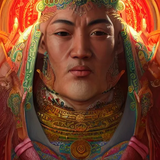 Image similar to centered detailed portrait and body of a tibetan saint, realistic character concept, identical eyes, gazing eyes, elegant pose, fantasy, illustration, slender symmetrical face and body, artstation, cinematic lighting, hyperdetailed, cgsociety, 8 k, tom richmond, single face, octane render, golden ratio, postprocessing, cartoon